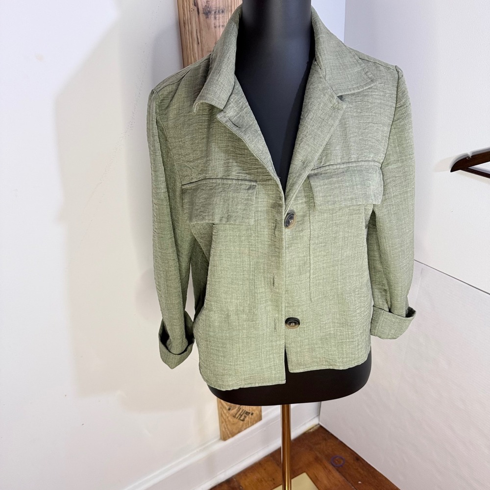 Olivia & Martin Utility Jacket Women Large Green Button Front Textured - FLAW